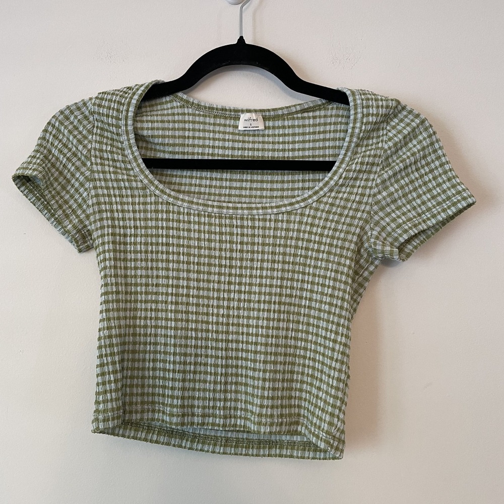 Wilfred Gingham Seersucker Short Sleeve Crop Top Green Sz S Stretch Boho Cottage